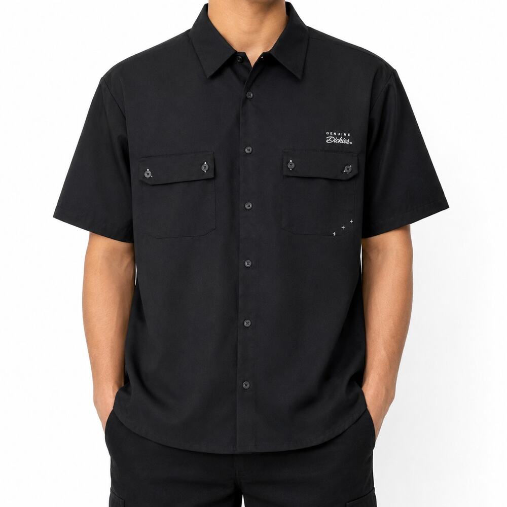 Dickies Shirt Mens XL Black Solid Short Sleeve Button Front Workwear Twill